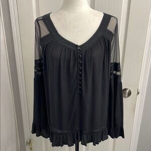 Buffalo David Bitton Black Ruffled Blouse with Sheer Details Size M